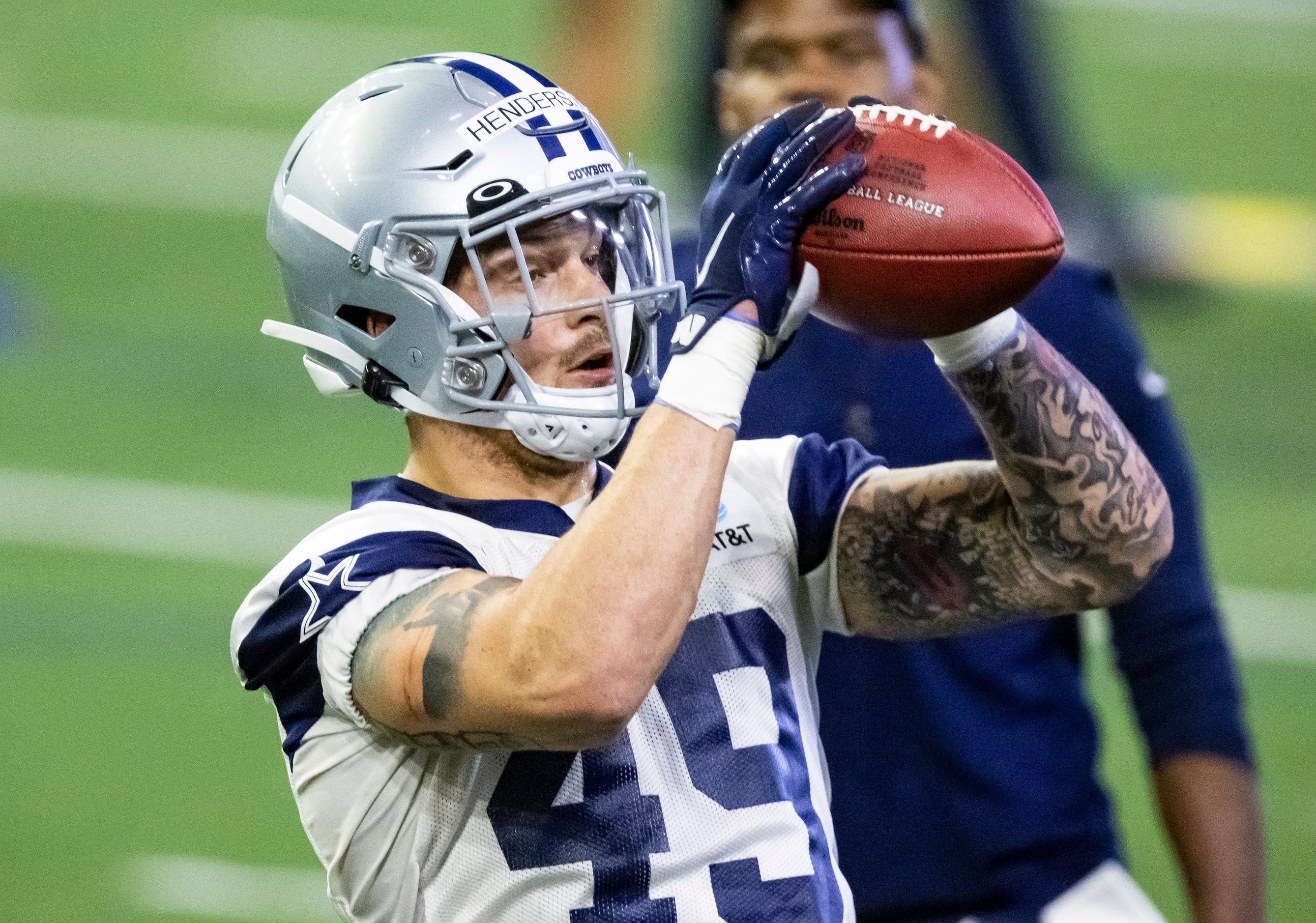 Dallas Cowboys tight end Peyton Hendershot catches a pass during practice at The Star in...