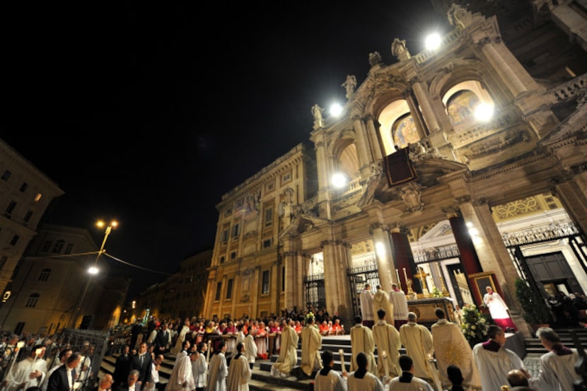 Pope Francis (center, in front of the altar) attends the celebration  Corpus Domini at Santa...