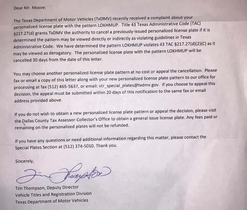 Bill Moore received the letter from the Texas Department of Motor Vehicles on Oct. 23. He is...
