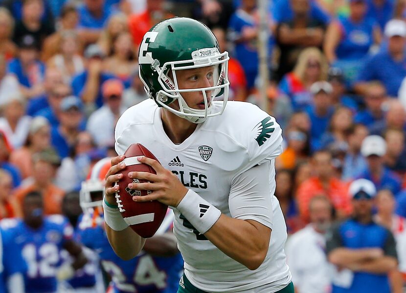 GAINESVILLE, FL - SEPTEMBER 06:  Brogan Roback #4 of the Eastern Michigan Eagles attempts a...