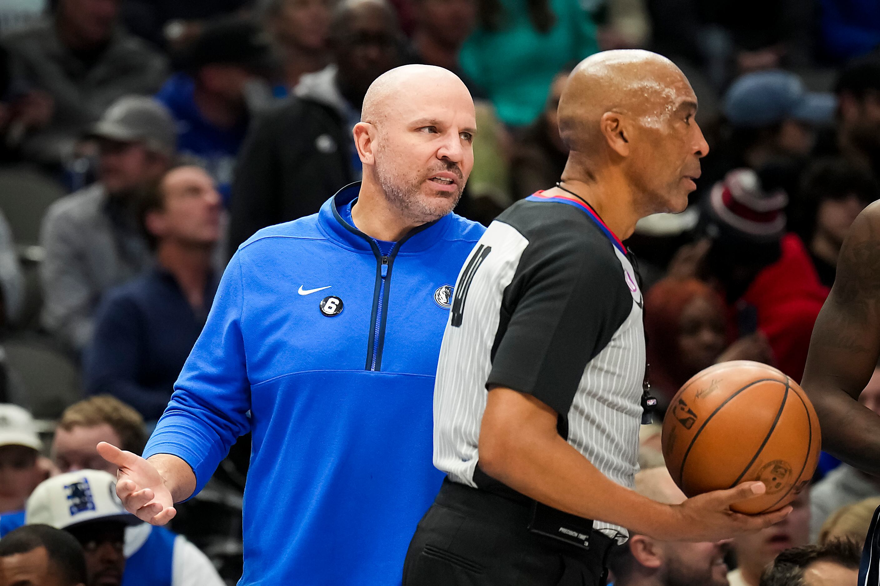 Dallas Mavericks head coach Jason Kidd  looks for a call from referee Leon Wood during the...