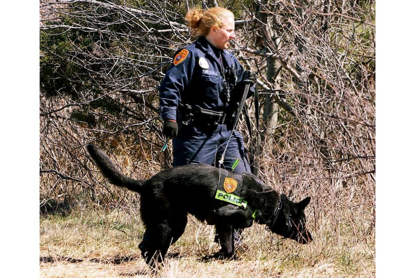 FILE - A Suffolk County police officer and dog search for human remains in the Gilgo Beach...