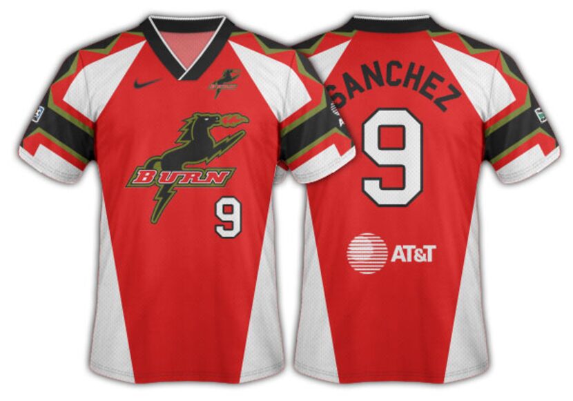 1996 Dallas Burn red jersey with the Burn horse logo primary.