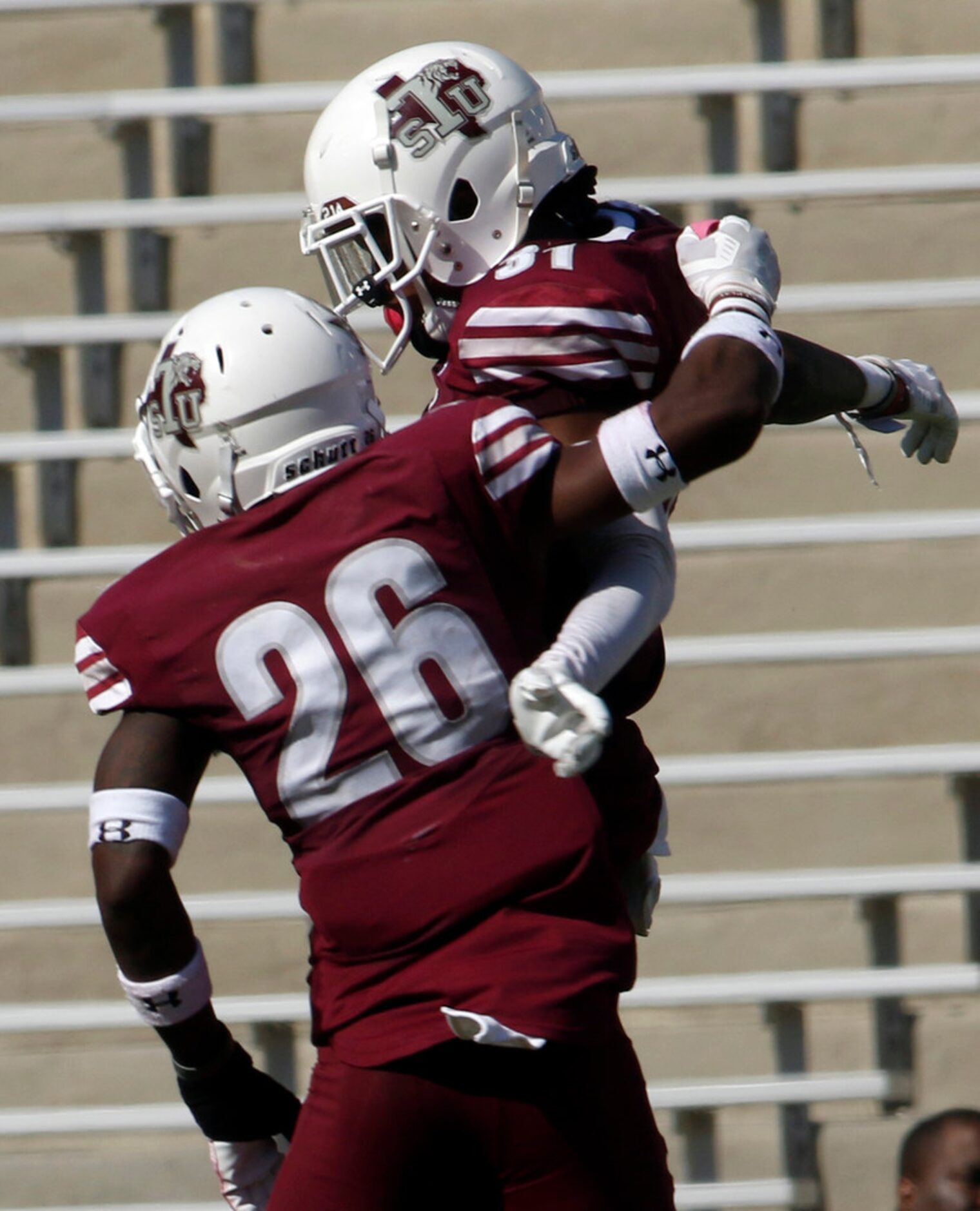 Texas Southern defensive backs Byron Edwards (31) and Marquel Daigel (26) celebrate a...