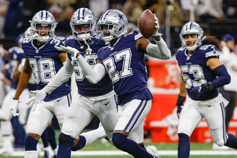 Dallas Cowboys safety Jayron Kearse (27) celebrates an interception against New Orleans...