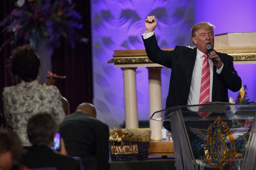 Republican presidential candidate Donald Trump speaks during a church service at Great Faith...