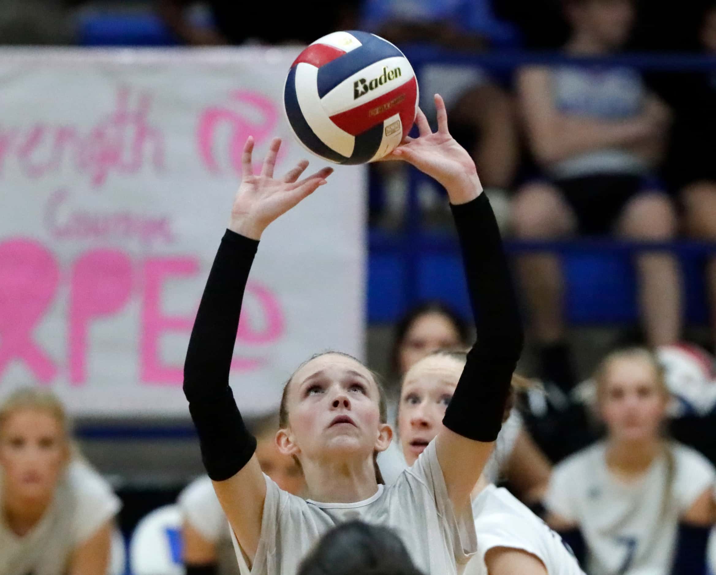 Flower Mound High School setter Hayden Curtis (15) makes a set during game two as Plano West...