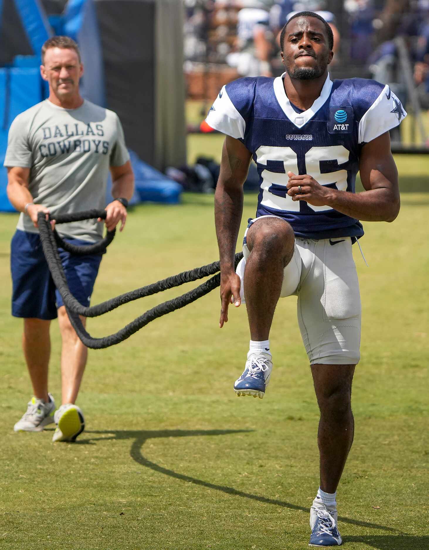 Dallas Cowboys cornerback Jourdan Lewis (26) works with a resistance band during a practice...