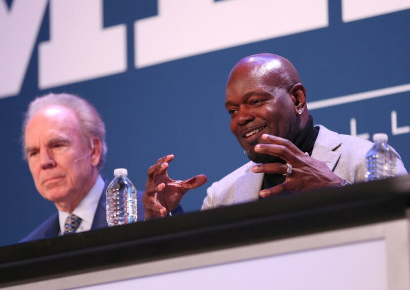 Former Dallas Cowboys running back Emmitt Smith speaks alongside former Dallas Cowboys...