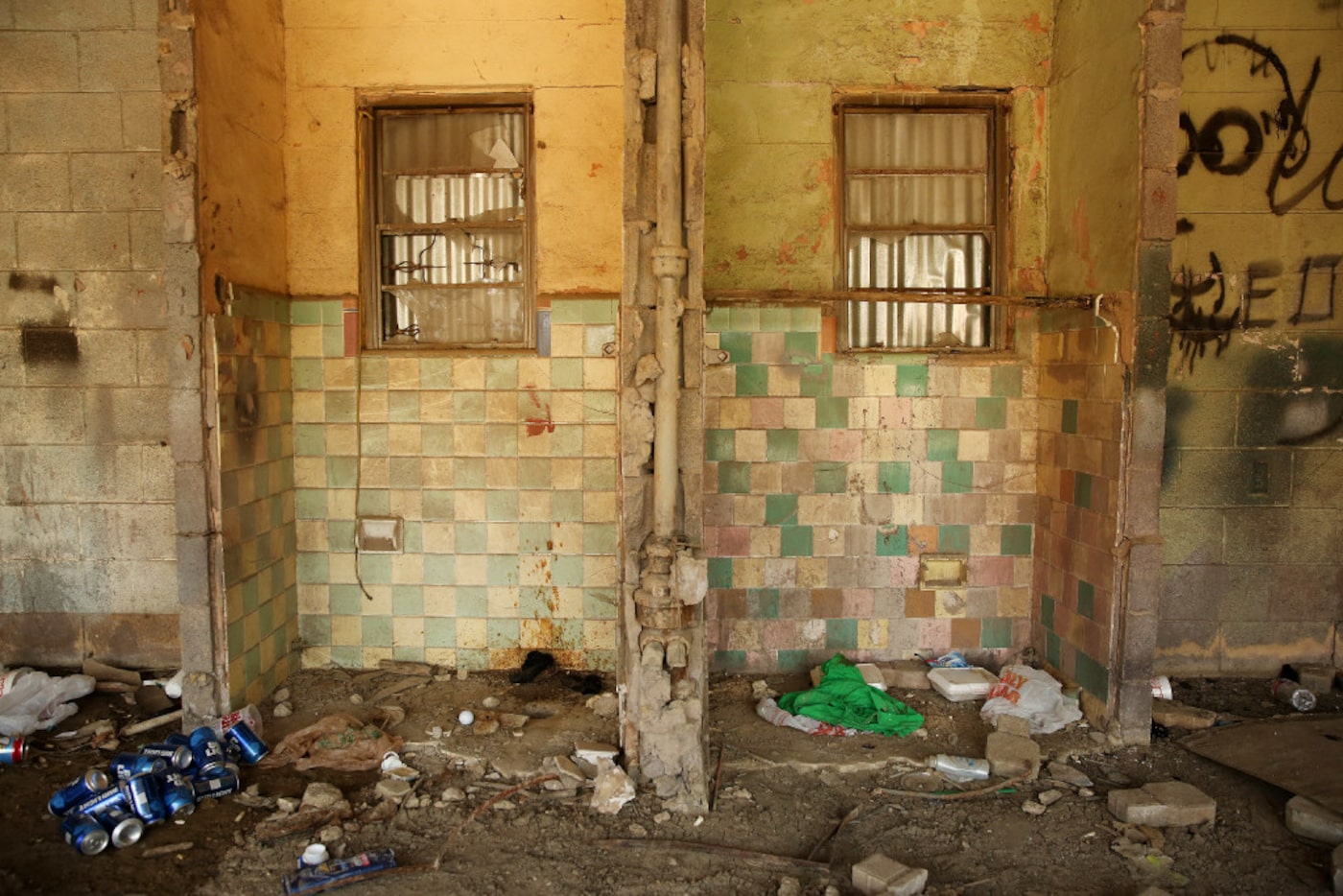 The green-and-white bathroom tile was once one of the Green Acre's selling points.