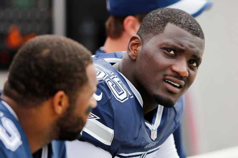 Dallas Cowboys middle linebacker Rolando McClain (55) on the bench before the start of the...