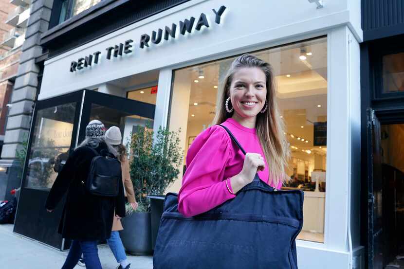 Vara Pikor poses for a picture in front of a "Rent The Runway" store before returning some...