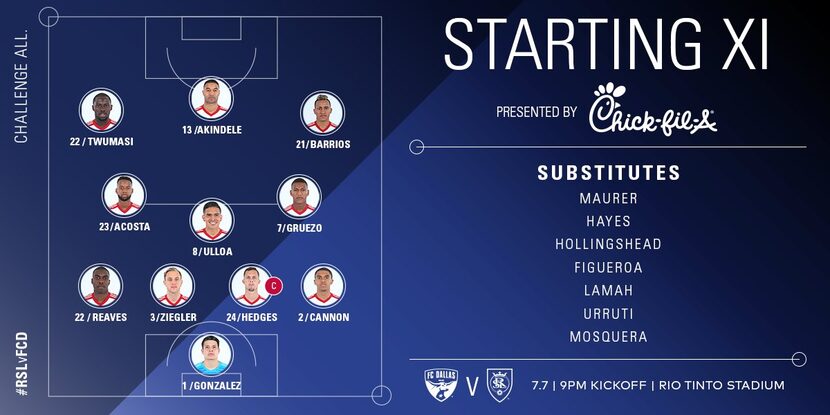 The FC Dallas starting XI at Real Salt Lake. (7-7-18)