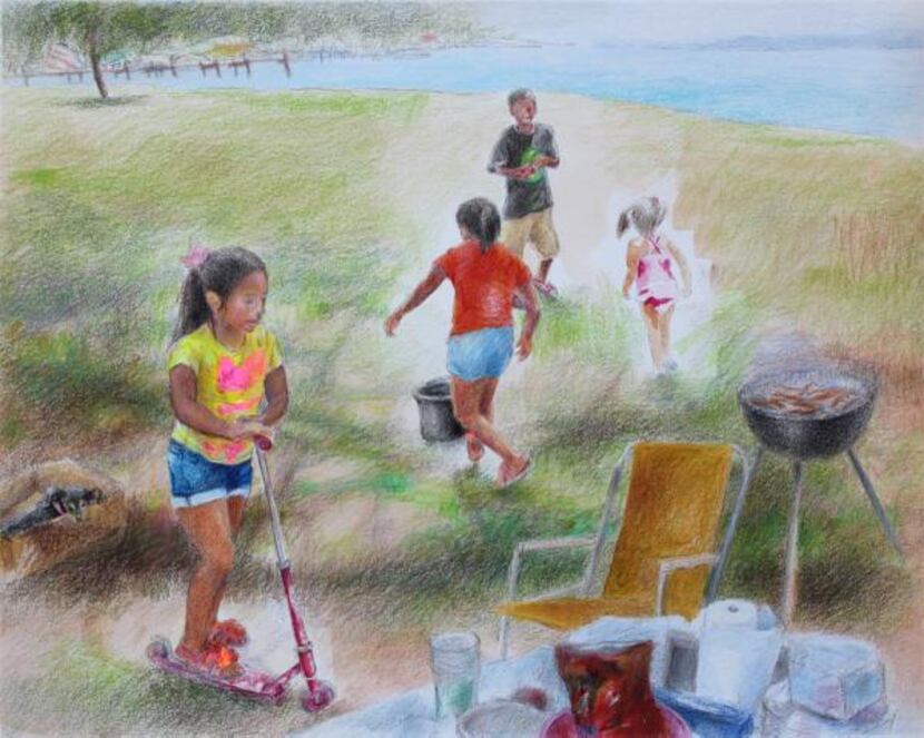
“Happy Kids, Happy Dog,” a color pencil drawing by Jenny Hong DeLaughter, is part of...