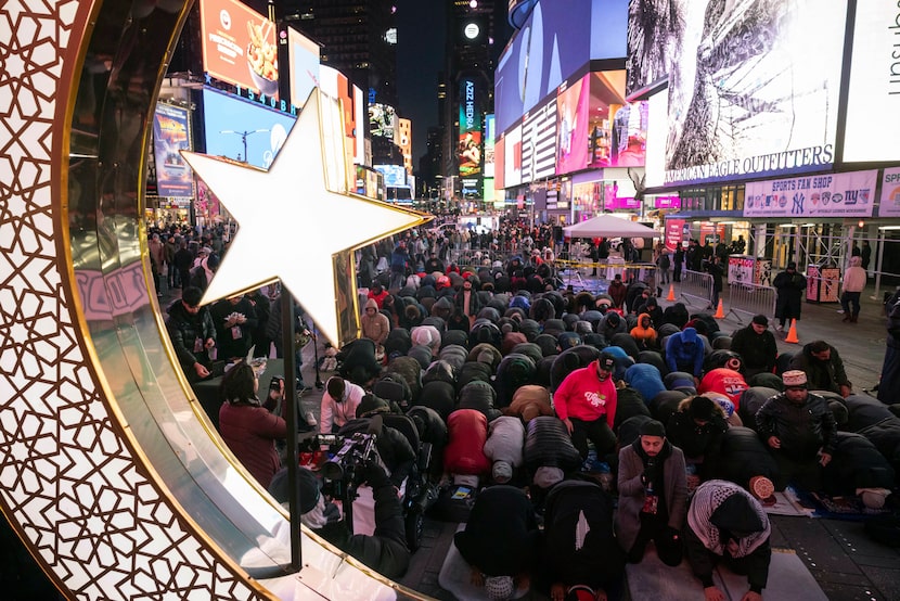 Members of the Muslim community gather for the Taraweeh prayer during a month of Ramadan at...