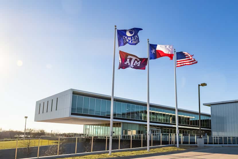 The Collin College and Texas A&M flags fly together over the Allen-based Collin College...