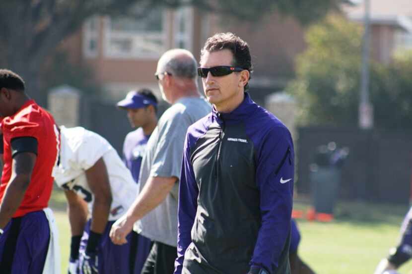 Doug Meacham looks on during a TCU spring football practice. Meacham came to TCU from the...