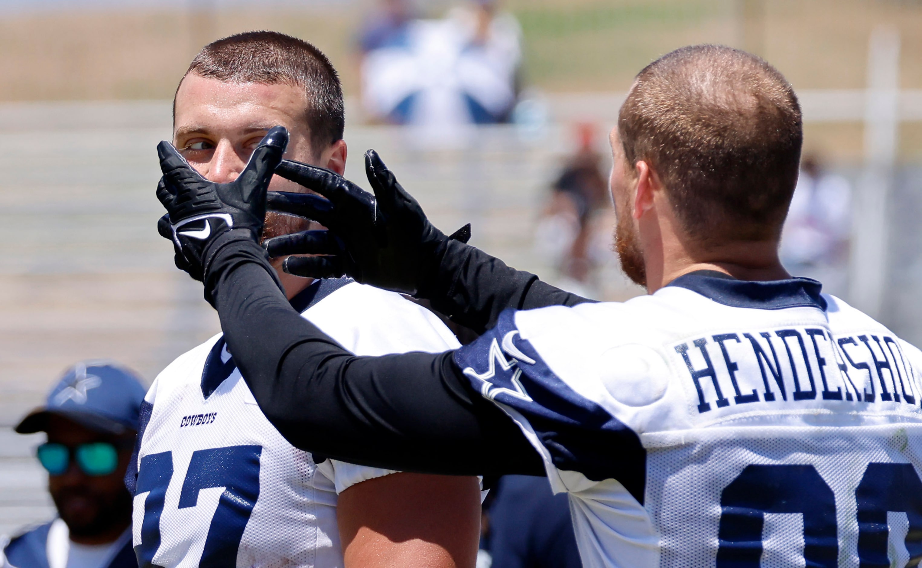 Dallas Cowboys tight ends Peyton Hendershot (89) and Jake Ferguson (87) talk technique...