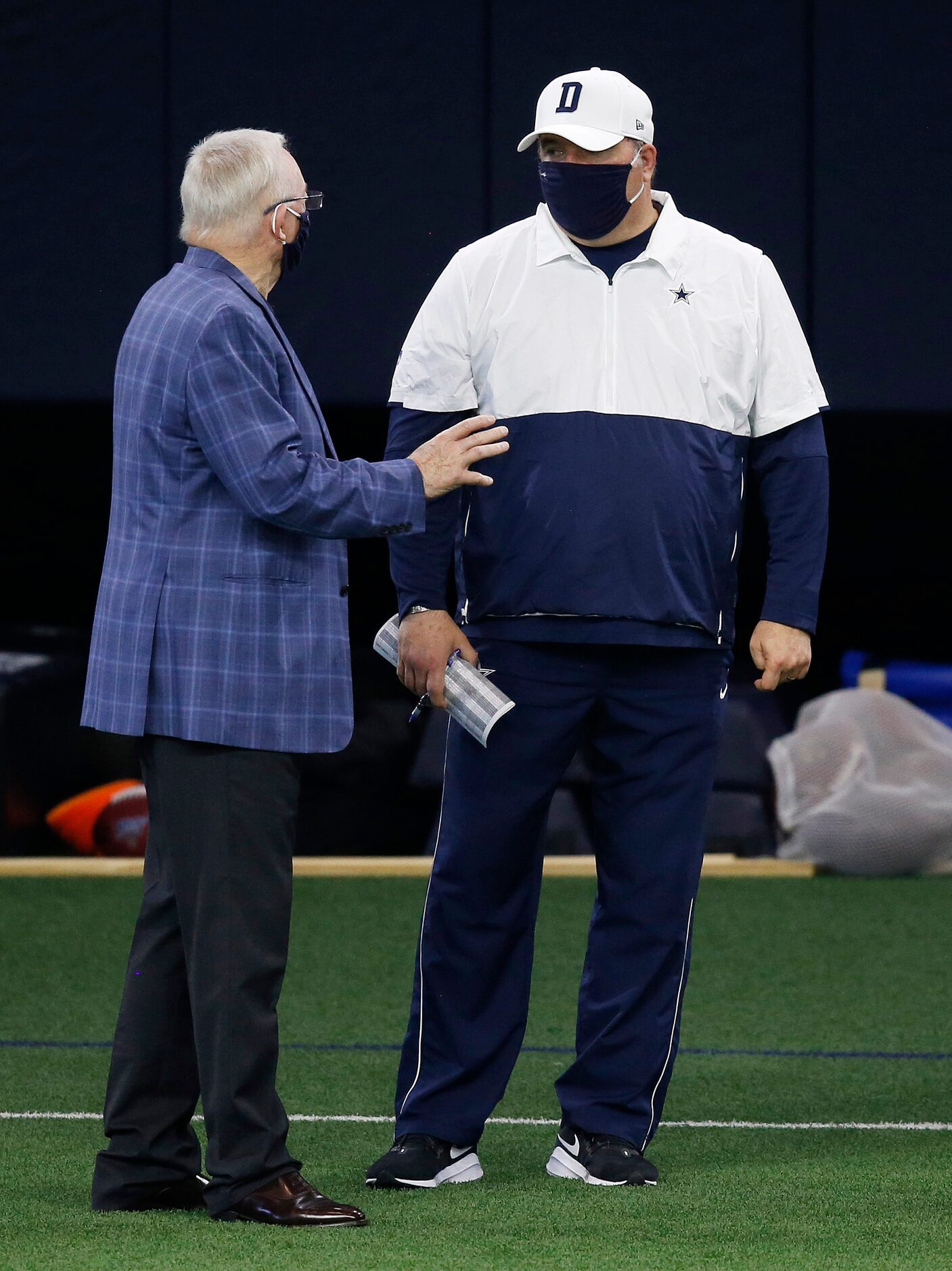 Dallas Cowboys owner and general manager Jerry Jones talks with Dallas Cowboys head coach...