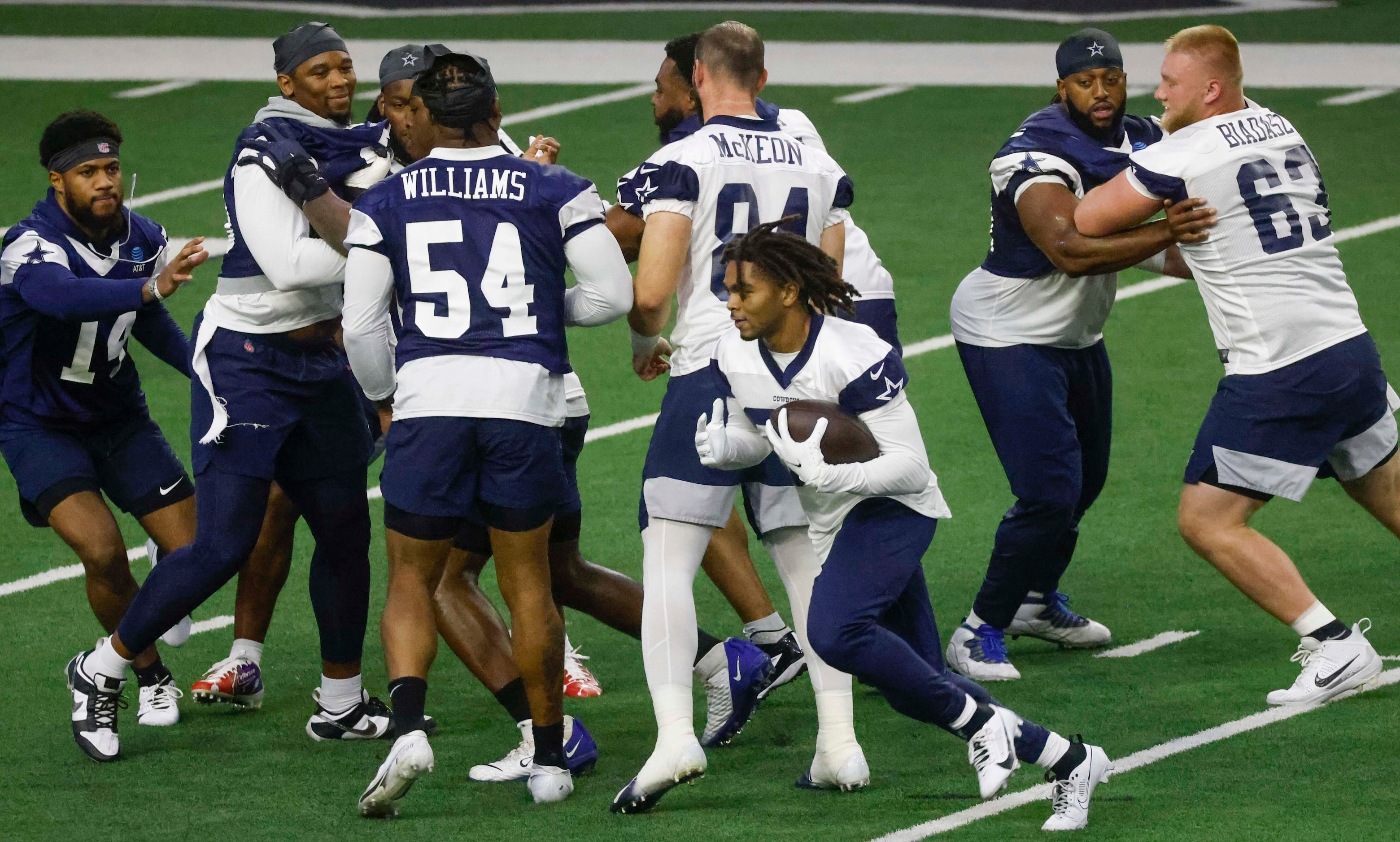 Dallas Cowboys running back Malik Davis (34) runs with the ball during Dallas Cowboys OTA...