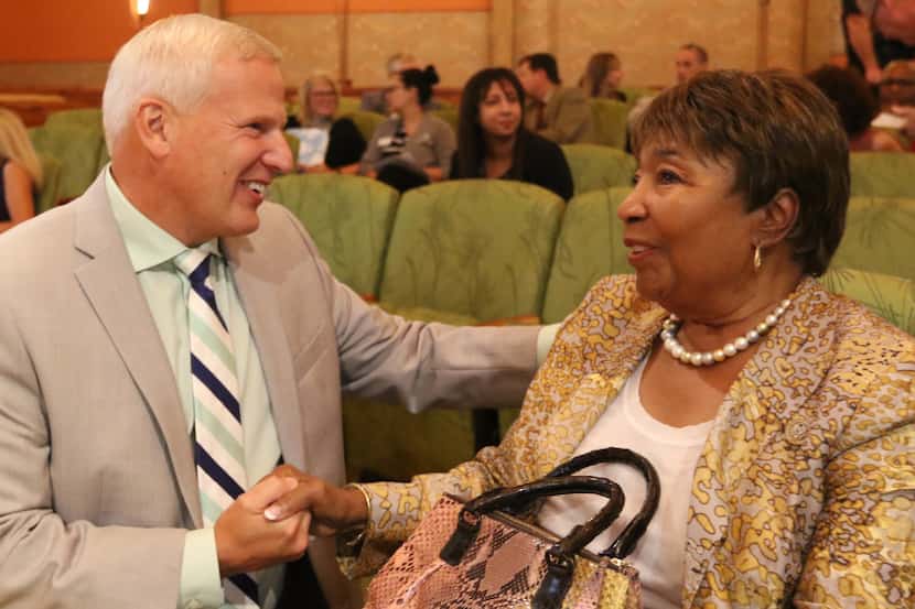 Cedar Hill Mayor Bob Franke, left, talks with Congresswomen Eddie Bernice Johnson before the...