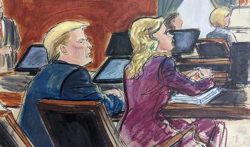 In this courtroom sketch, Monday, Jan 22, 2024, Donald Trump seated next to his attorney...