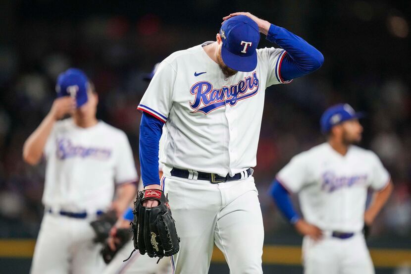 Texas Rangers starting pitcher Jordan Montgomery leaves the game during the sixth inning...