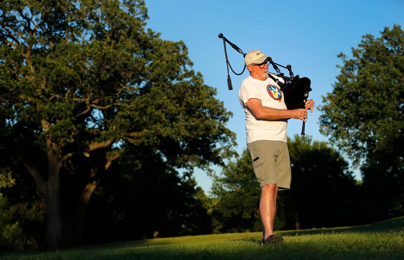 Bagpiper Tony Hill, 63, a safety analyst for a Dallas hospital, practiced Wednesday at...