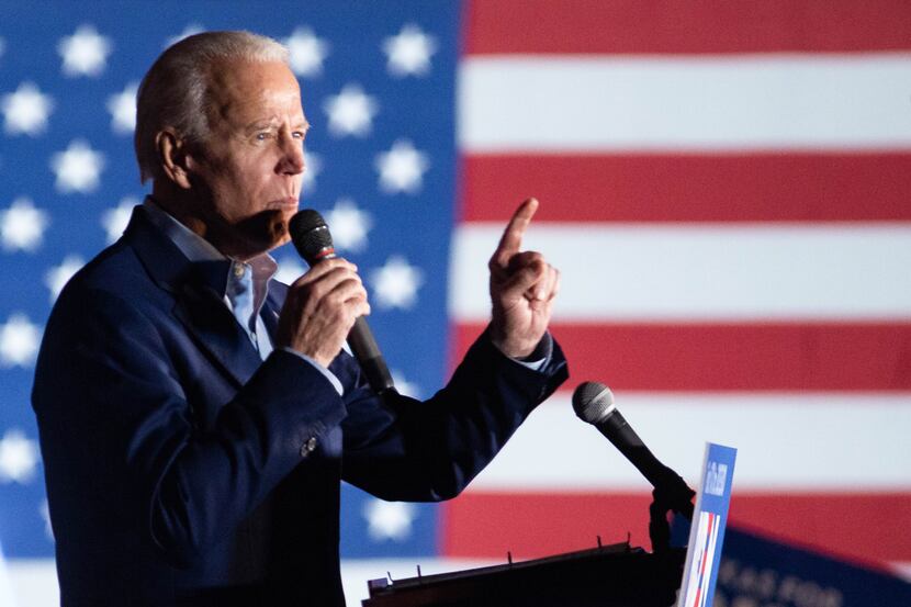 Democratic presidential primary candidate Joe Biden speaks during a rally held at Gilley's...