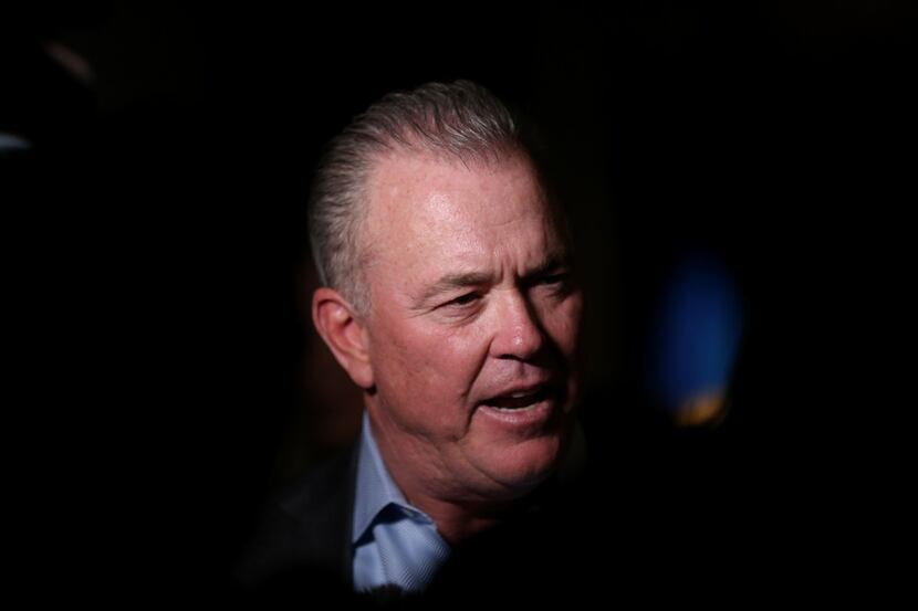 Stephen Jones, executive vice president and CEO of the Dallas Cowboys, speaks to the media...