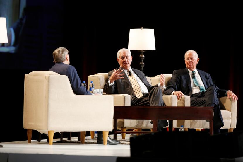 Jim Lehrer  (left) interviewed former Secretaries of State Rex Tillerson (center) and James...