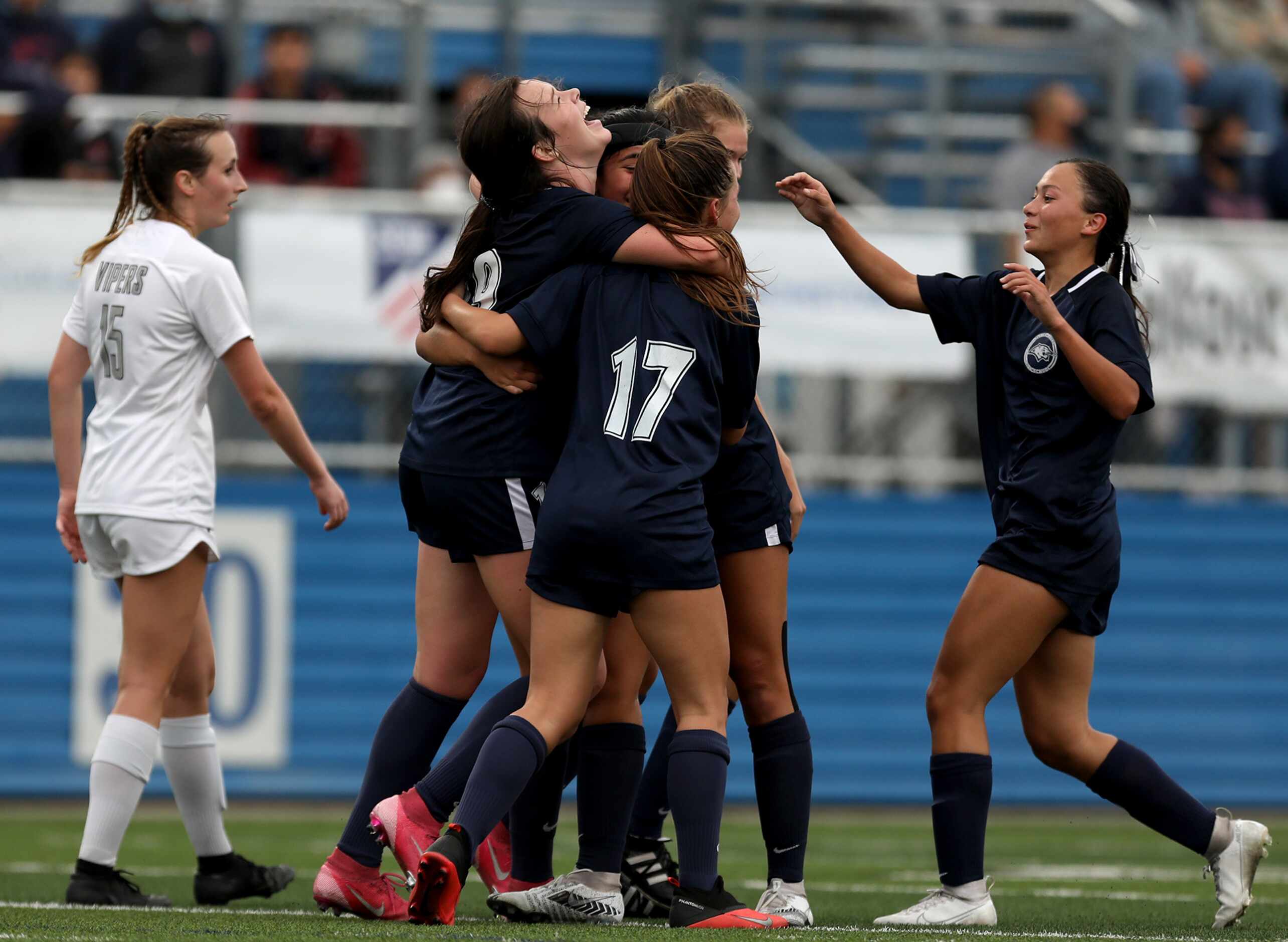 Lewisville Flower Mound players celebrate after a goal against Austin Vandegrift during...