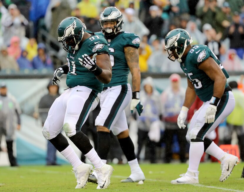 PHILADELPHIA, PA - OCTOBER 29:  Fletcher Cox #91 of the Philadelphia Eagles celebrates after...