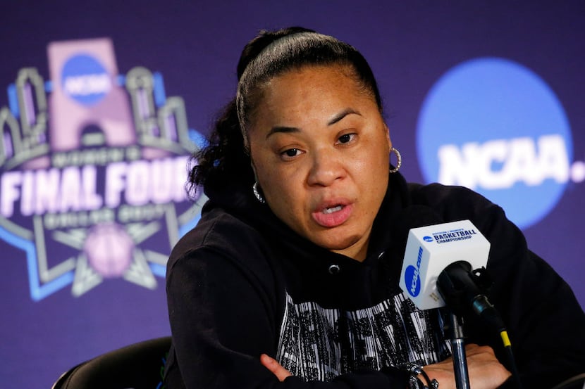 South Carolina Gamecocks head coach Dawn Staley speaks to reporters during a press...