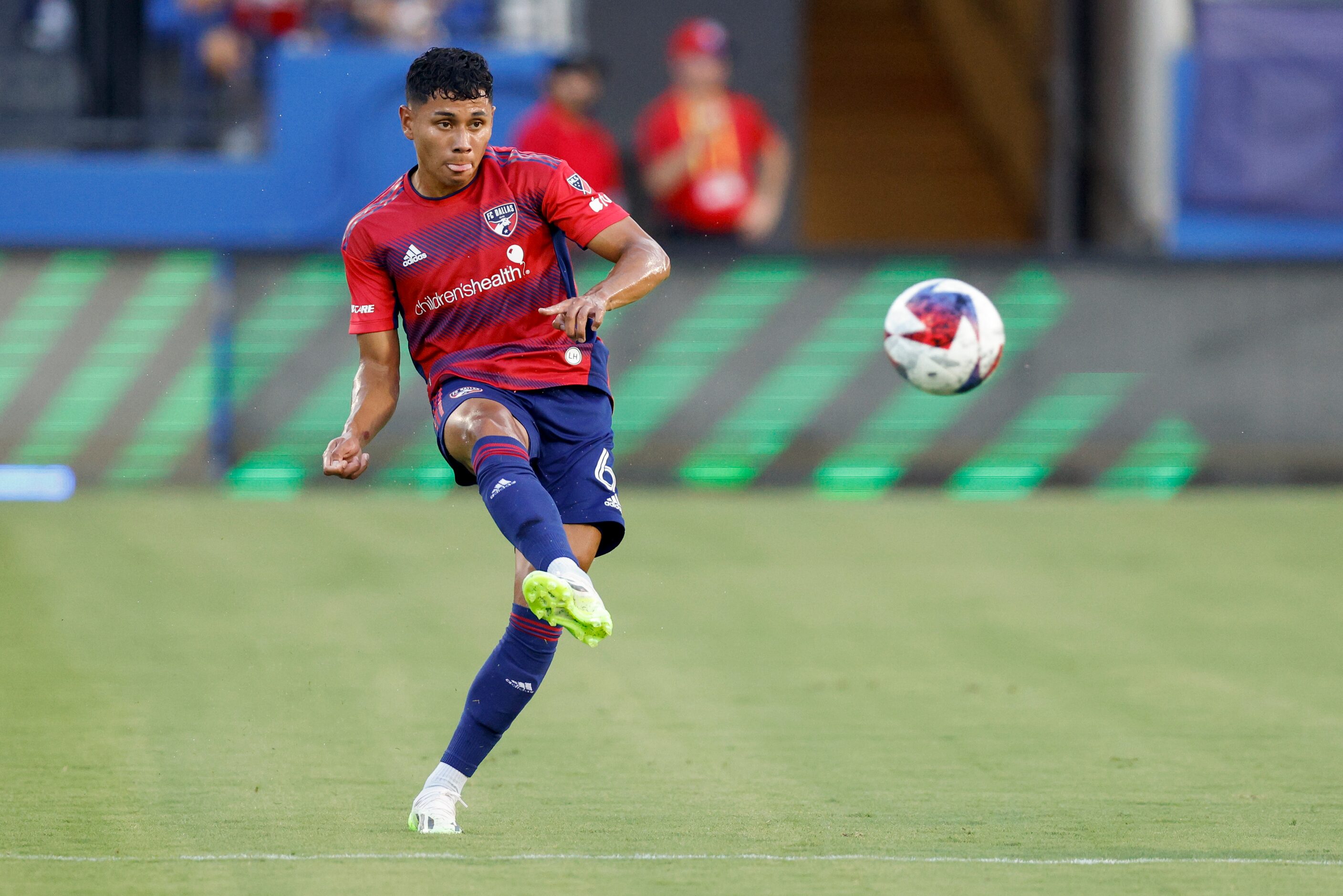 FC Dallas midfielder Edwin Cerrillo (6) passes the ball up the field during the first half...