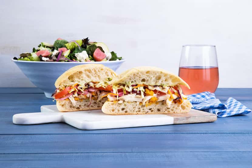 Mendocino Farms serves a "not so fried" chicken sandwich, pictured here, as well as salads....