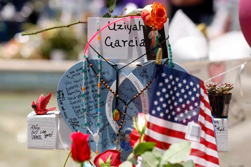 A memorial for Robb Elementary School shooting victim Uziyah Garcia, 10, at the town square...