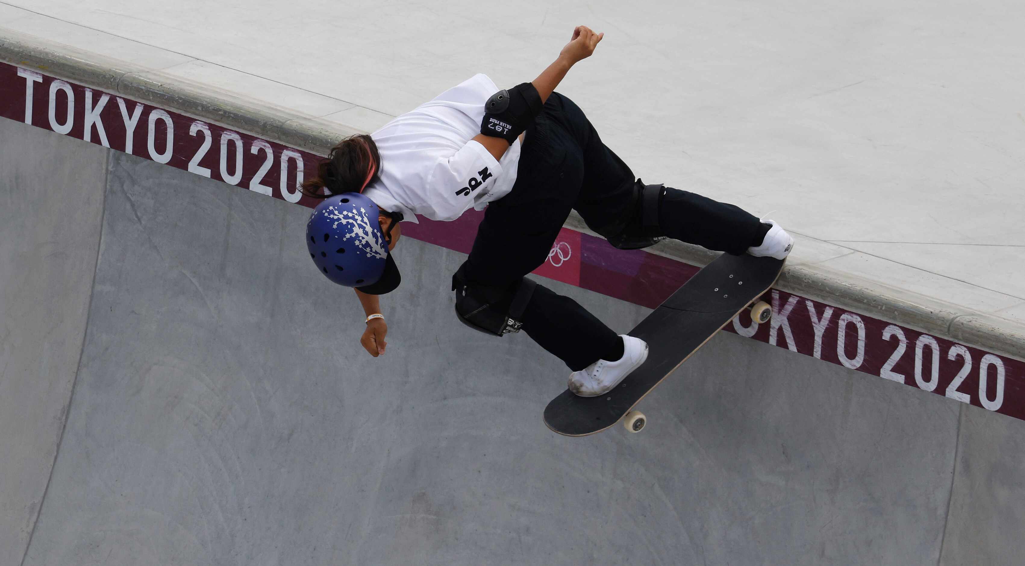 Japan’s Sakura Yosozumi competes during the women’s skateboarding prelims at the postponed...