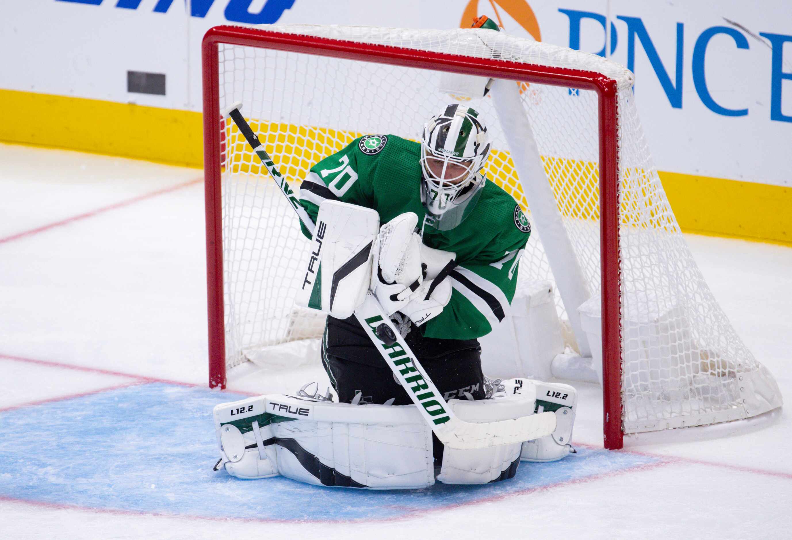 Dallas Stars goaltender Braden Holtby (70) stops a St. Louis Blues goal during the third...