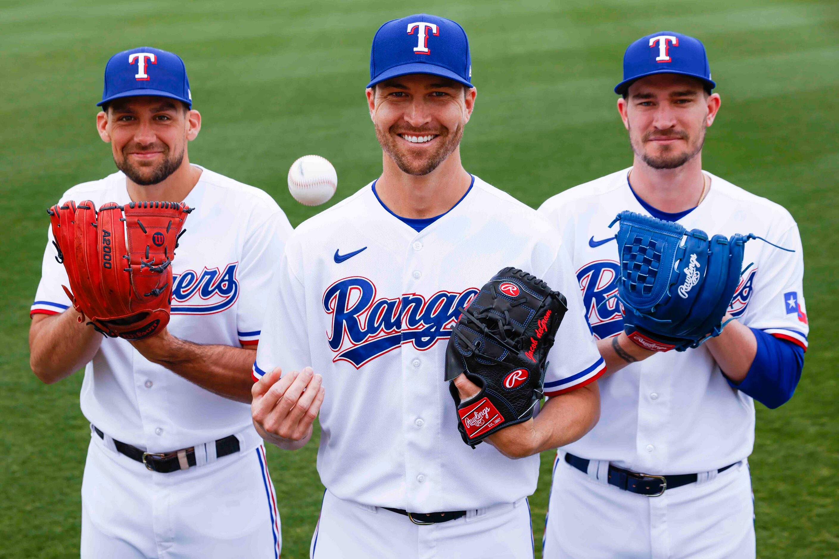 From left, Texas Rangers pitchers Nathan Eovaldi, Jacob deGrom, and Andrew Heaney pictured...