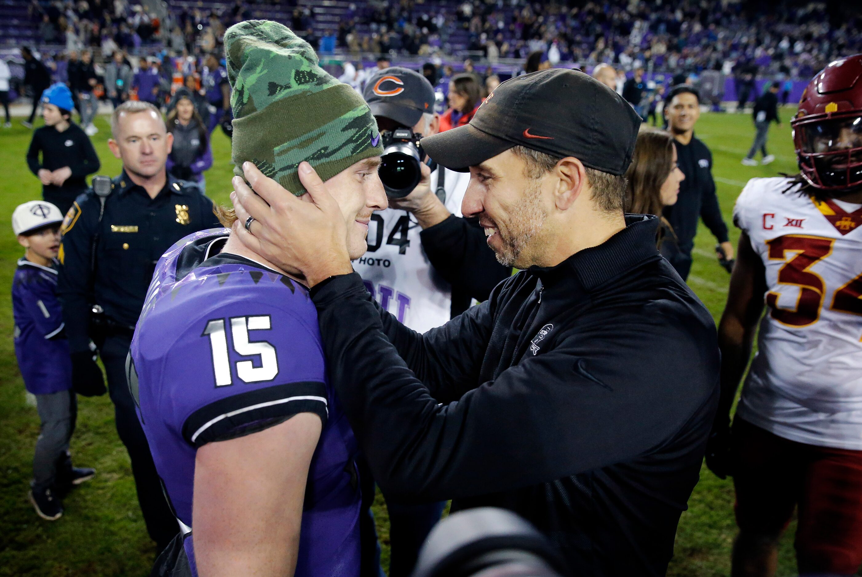 TCU Horned Frogs quarterback Max Duggan (15) receives congratulations from Iowa State...