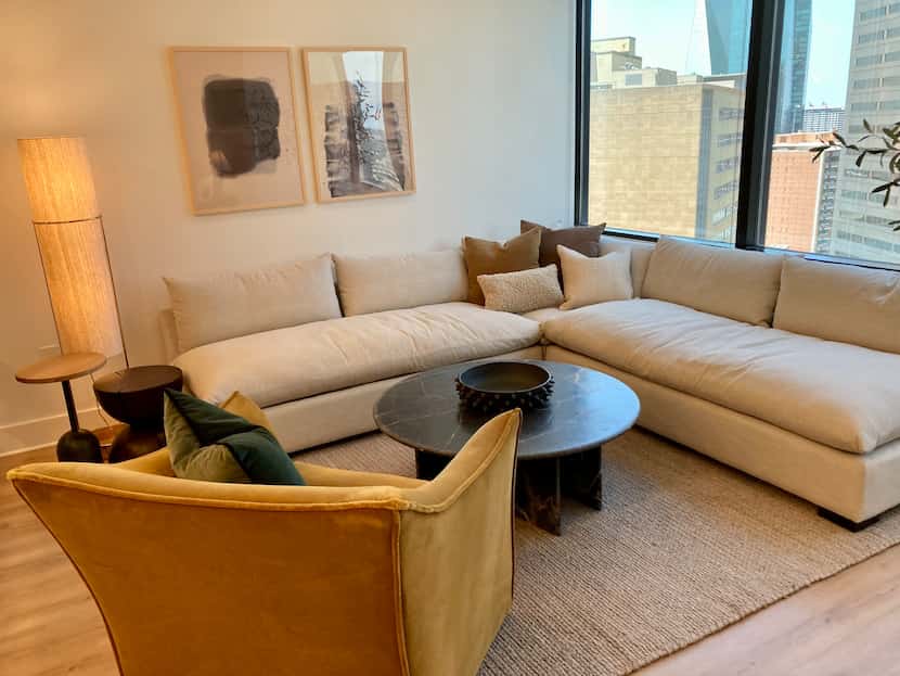 A rental unit living room in the new Peridot Apartments at downtown Dallas' Santander Tower.