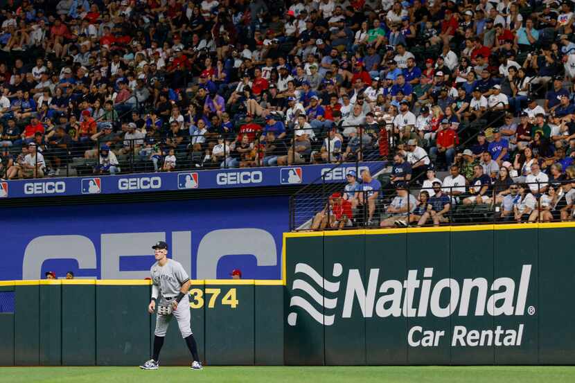 New York Yankees right fielder Aaron Judge (99) stands ready during the seventh inning of a...