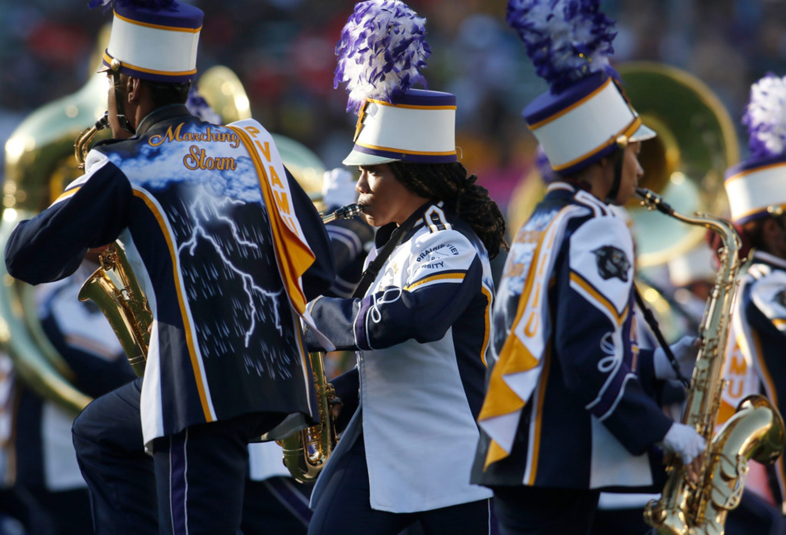 Members of the Prairie View marching band perform at halftime of the Grambling State versus...