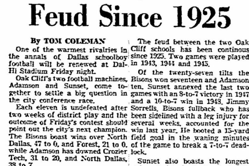 The football rivalry between the two north Oak Cliff schools was already well-established by...