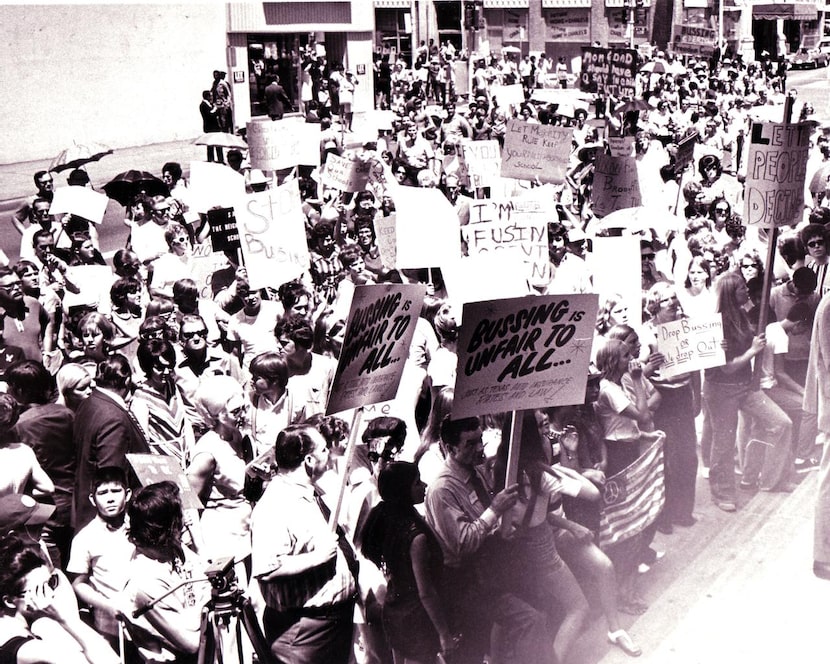 
People marched in July 1971 to protest the pending start of busing in the Dallas schools. 
