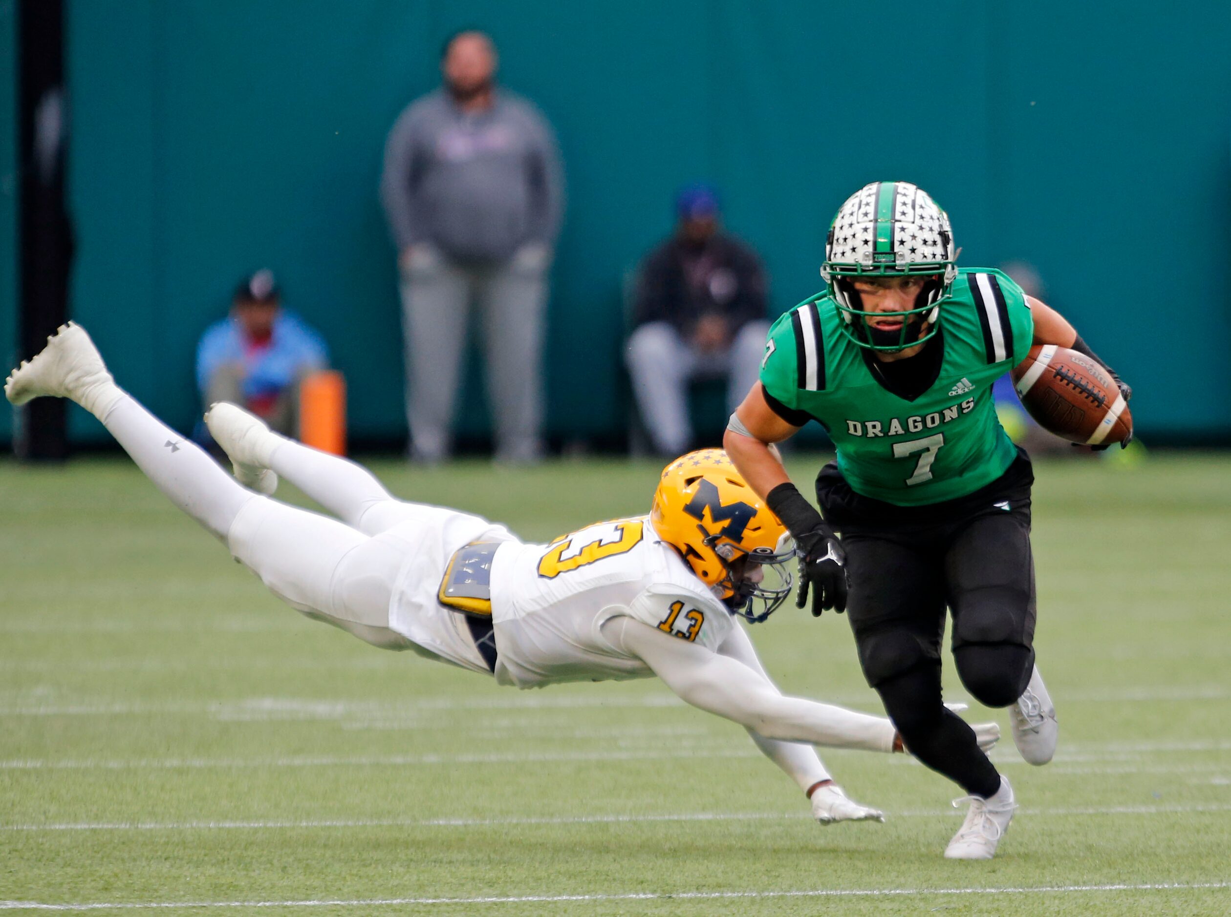 Southlake’s Jacob Jordan (7) gets past McKinney’s Christian Ford (13) in route to a first...