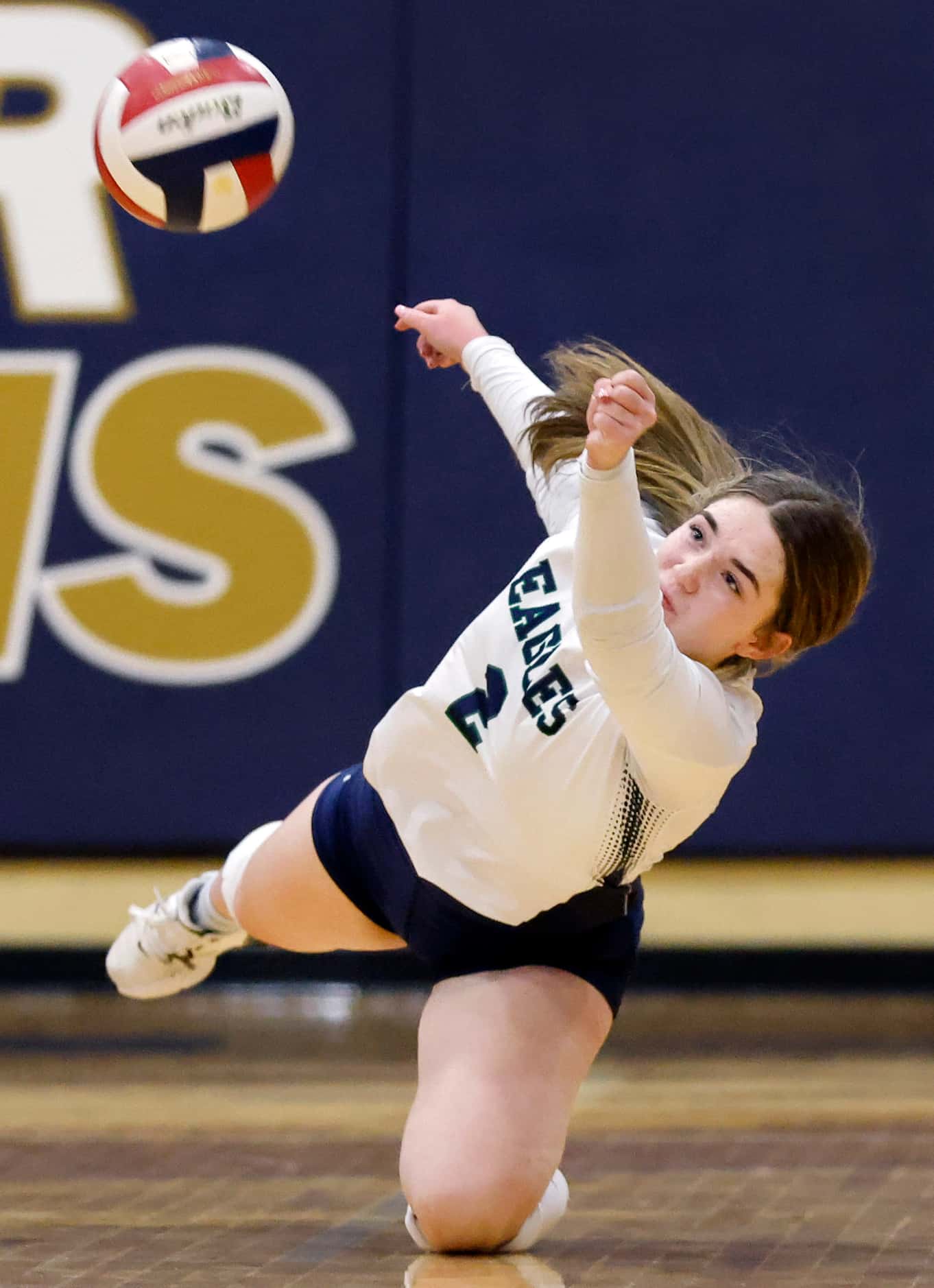 Eaton High’s Brylee Bailey (2) attempts to save a volley from Keller High during the second...