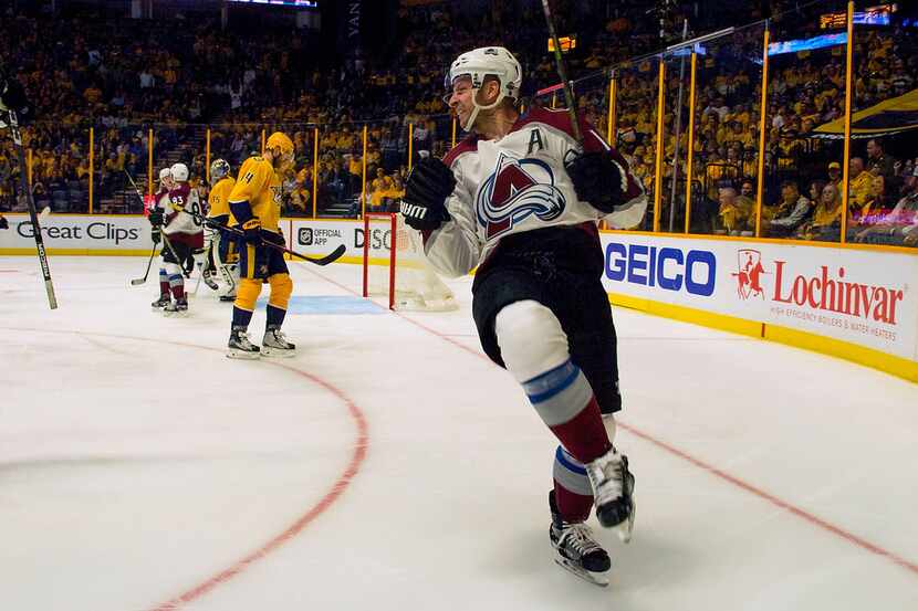 NASHVILLE, TN - APRIL 12:  Blake Comeau #14 of the Colorado Avalanche reacts after scoring a...