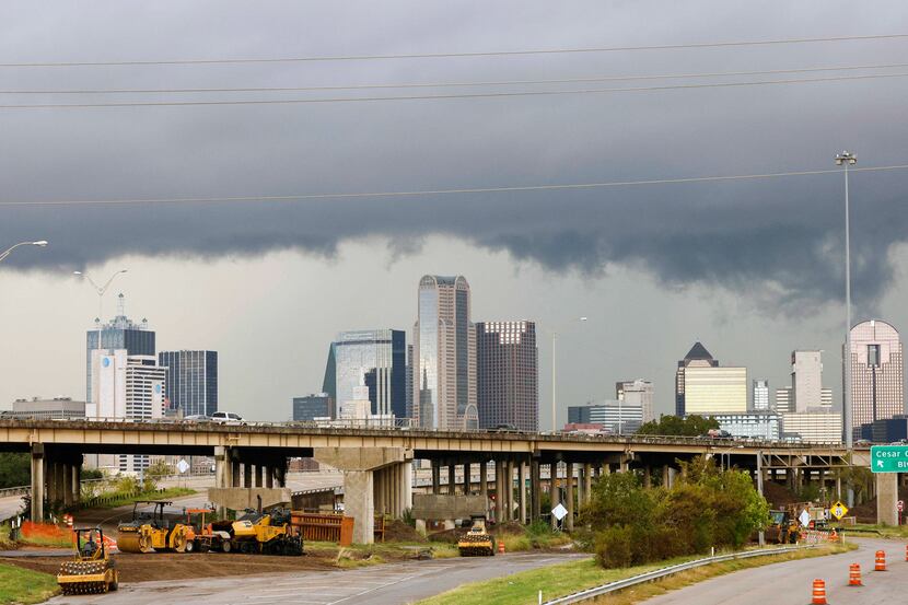A line of severe storms passes over downtown Dallas in November.